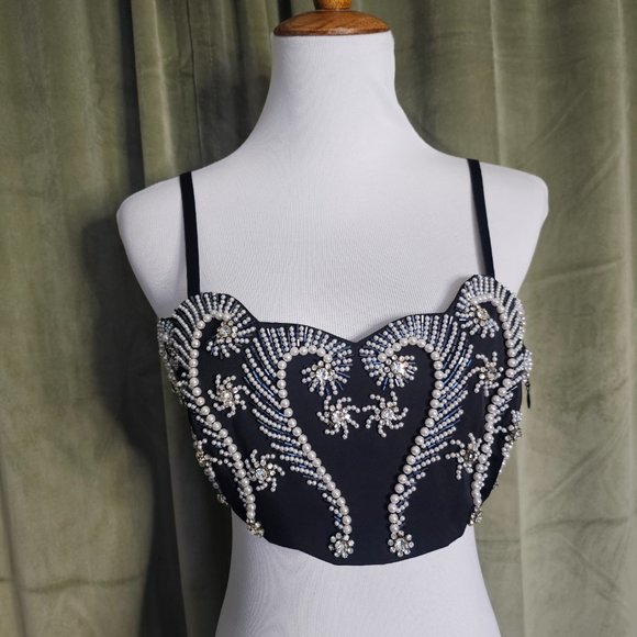 Express Tops - y2k McBling Glam Goth Coastal Summery Formal Pearl Beaded Cropped Halter Top